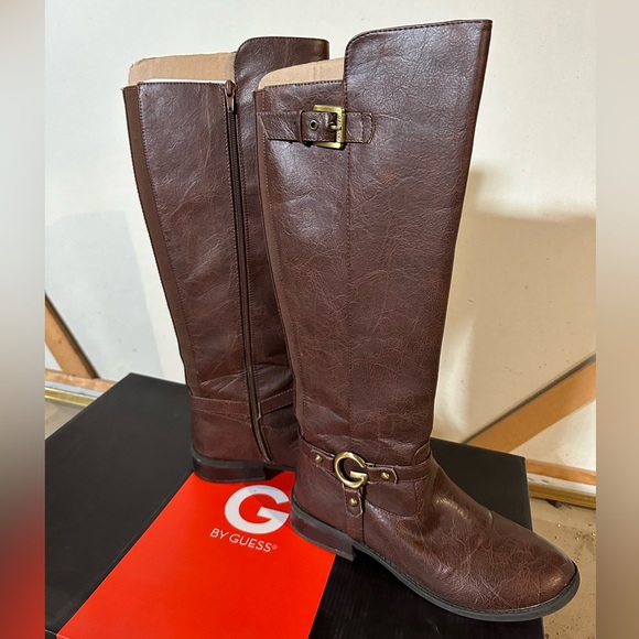 G by Guess Hustle Knee High Brown Logo Riding Boots - Picture 2 of 8